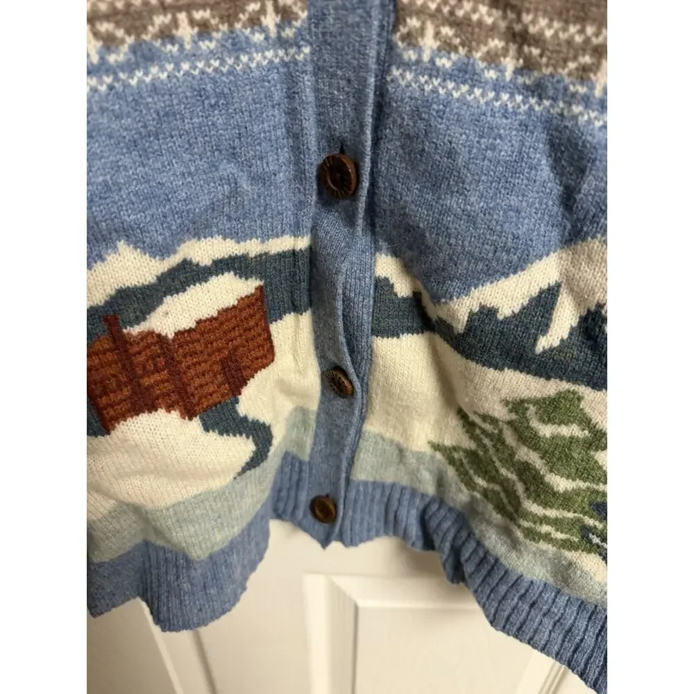 Woolrich Cardigan Sweater Small Knit Wool Winter Snow Cabin Christmas SP Hole